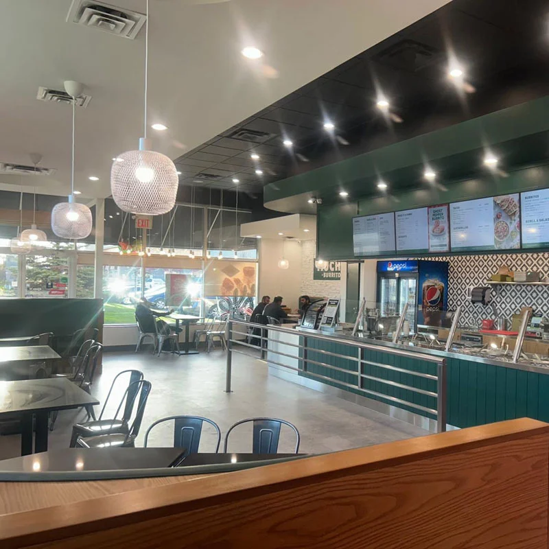 Completed Mucho Burrito Bowmanville restaurant interior and lighting by CBK Electric.