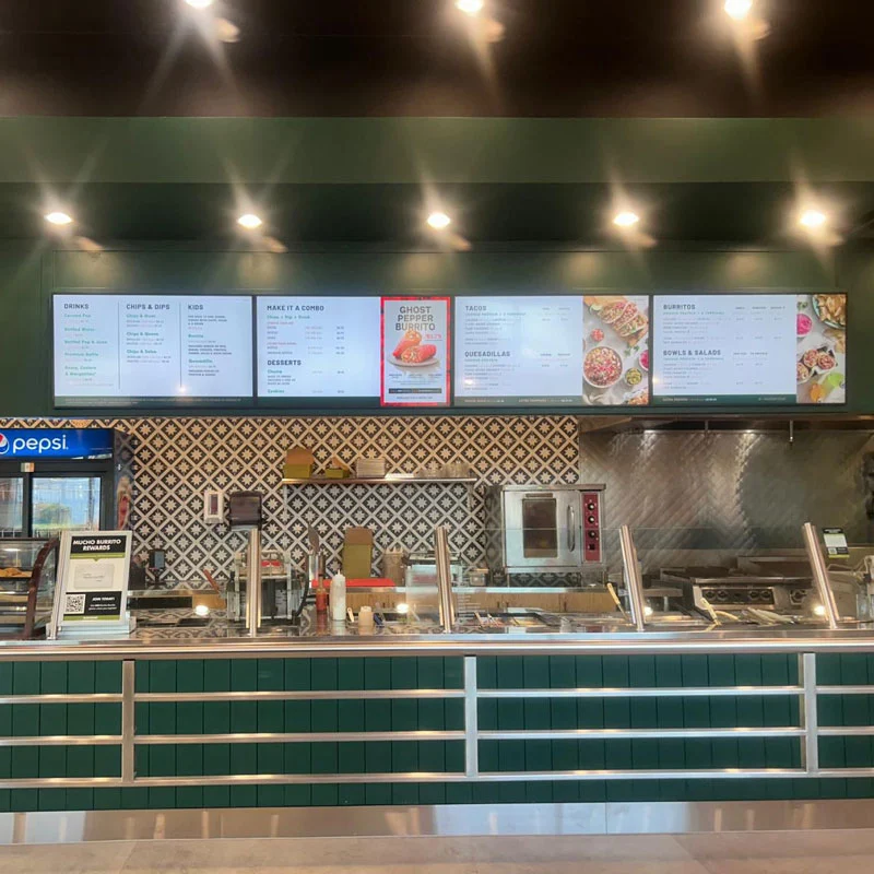 Front counter, menu lighting and electrical installation at a Mucho Burrito restaurant.